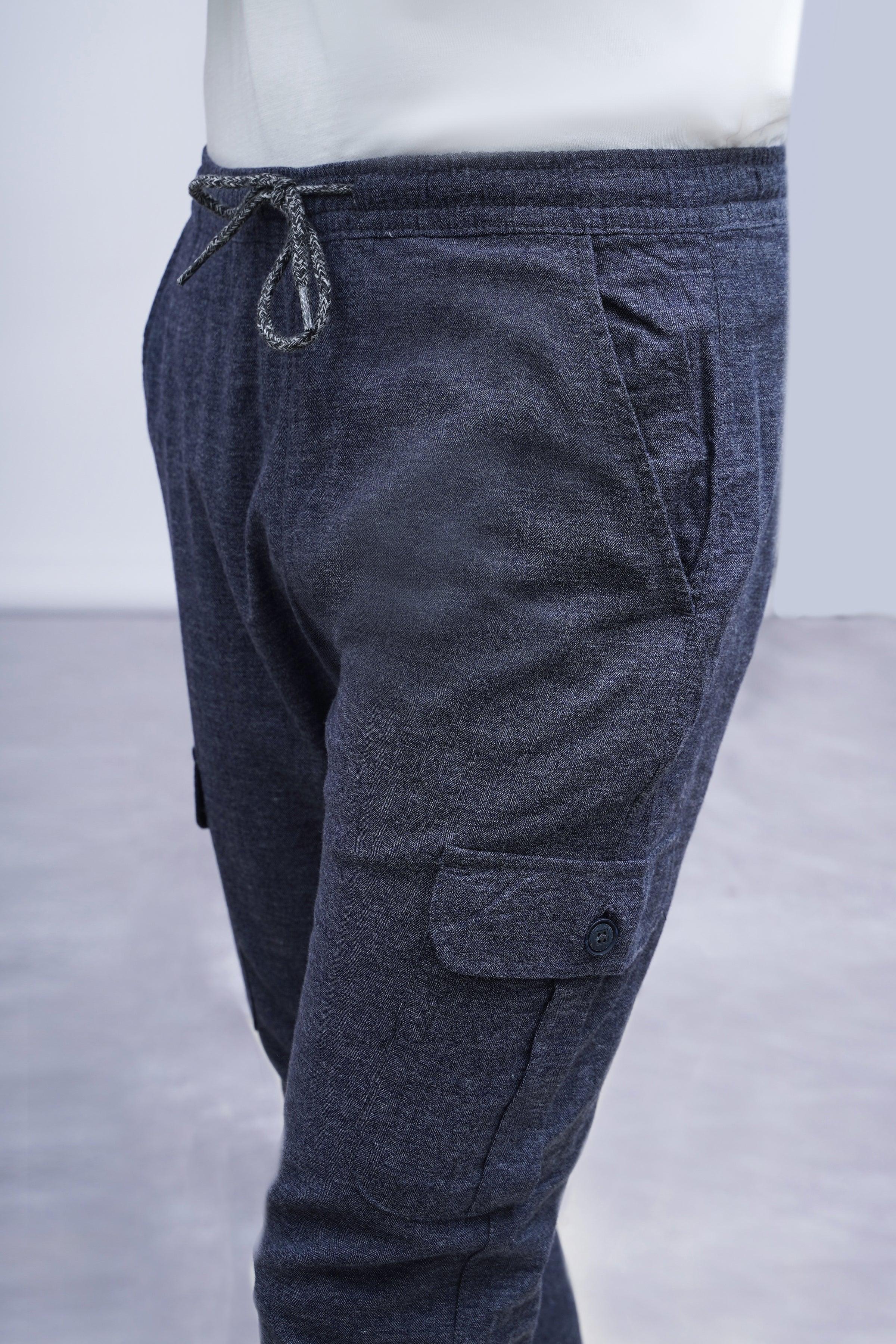 Dark blue-grey jogger trousers back view, drawstring waist and cargo pocket