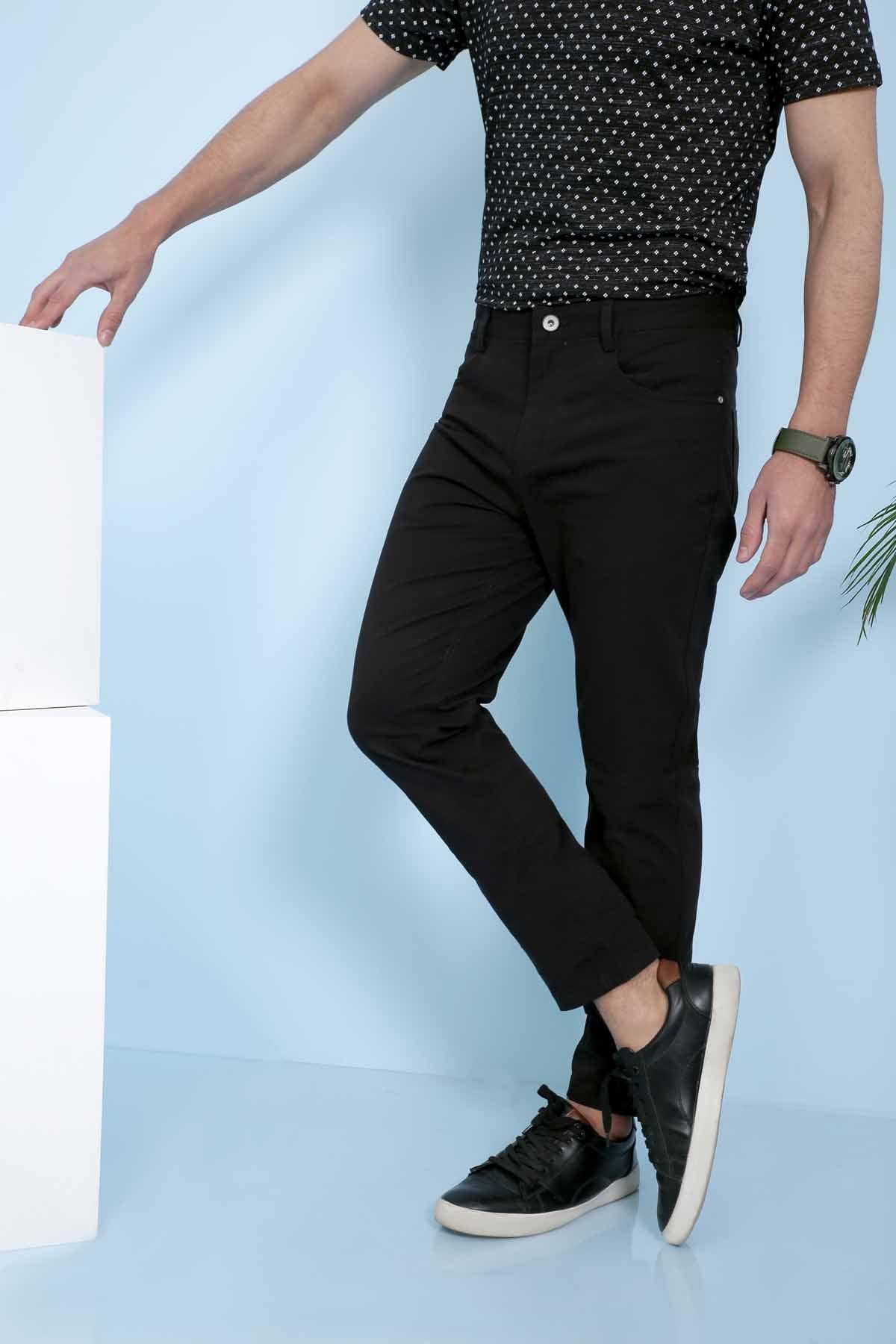 Black 5-pocket casual pants, angled side view with zipper fly and belt loops