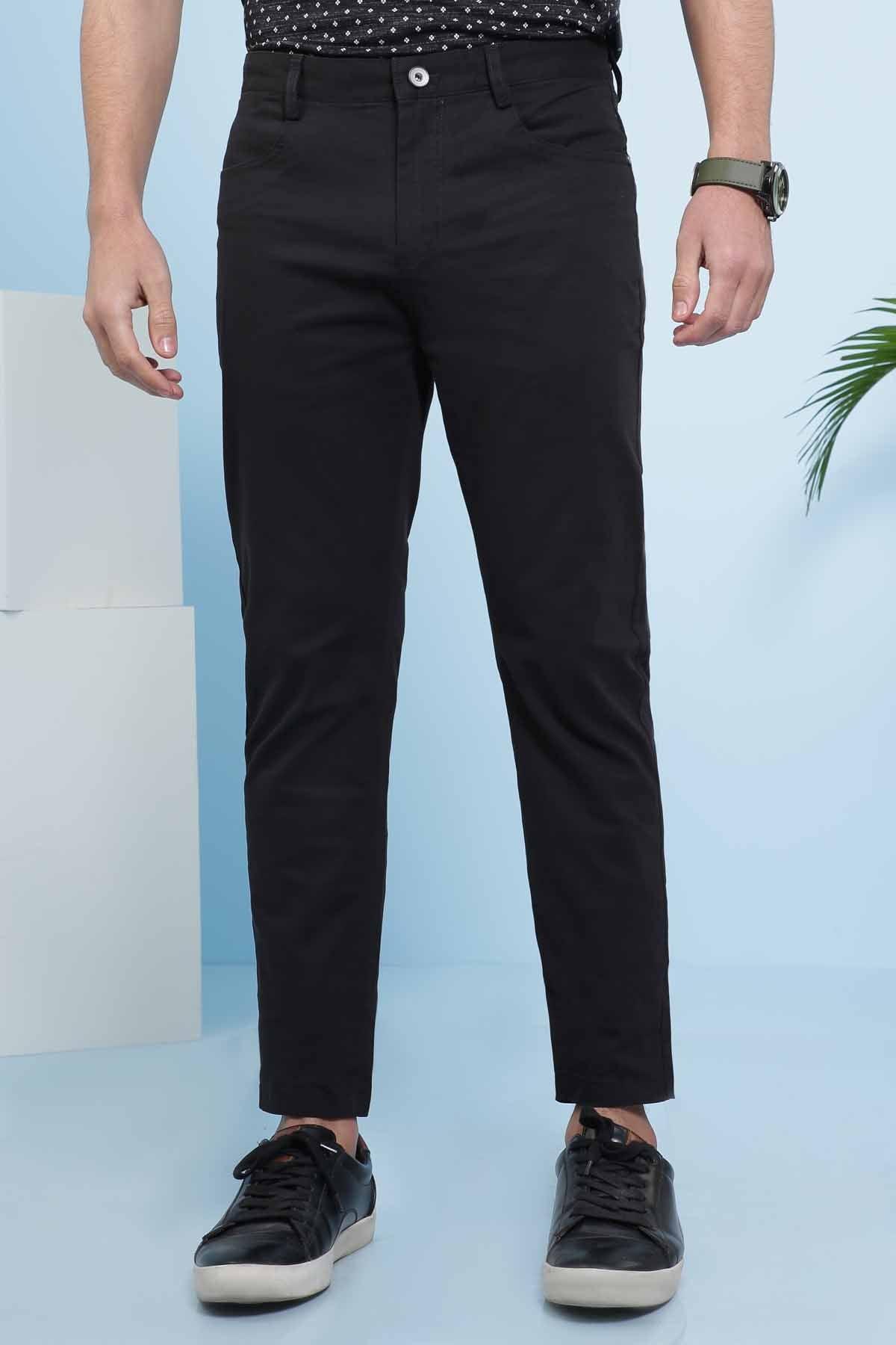 Black 5-pocket casual pants, straight slim fit with belt loops and front pockets