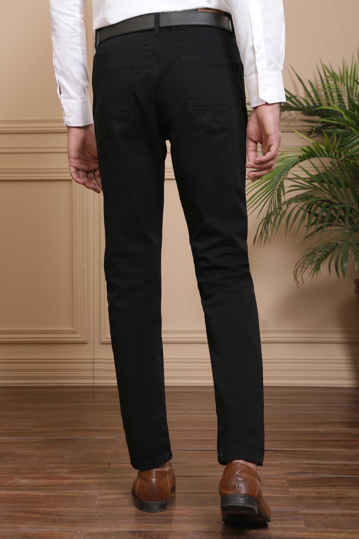 Black 5-pocket casual pants from back view with belt loops and straight fit