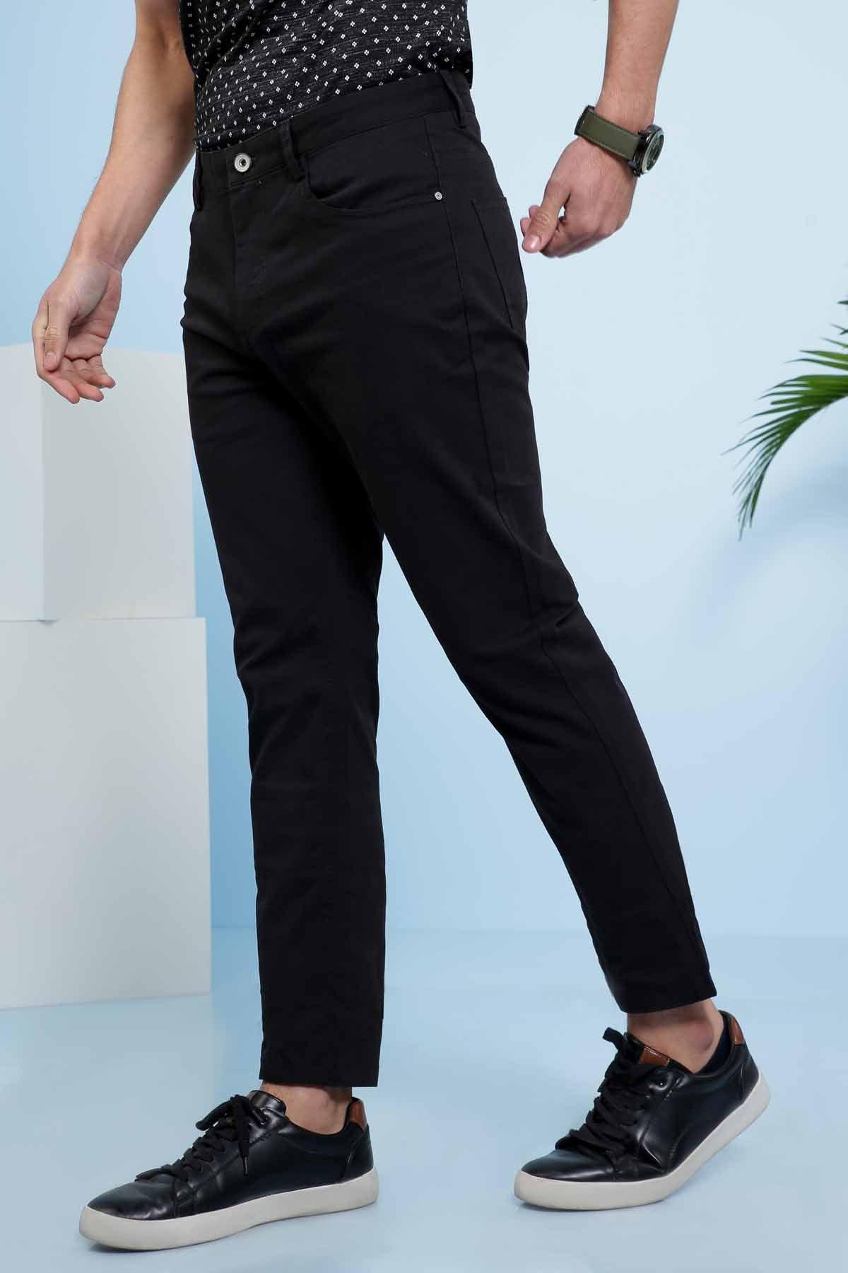 Black 5-pocket casual pants with buttoned zipper fly, belt loops, slim leg