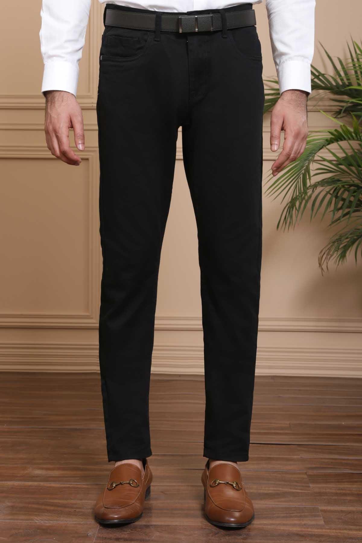 Black 5-pocket casual pants with belt loops, zip fly, and slim straight legs