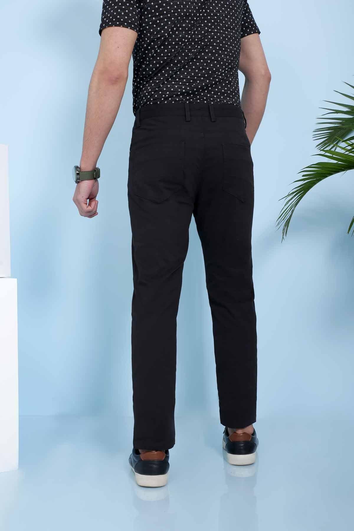 Black 5-pocket casual pants, back view with belt loops and plain rear pockets