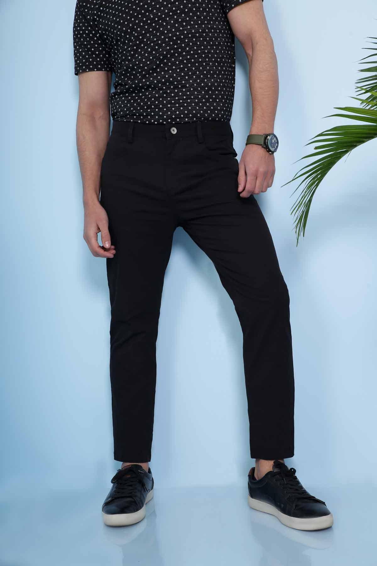 Black 5-pocket casual pants, front view with cuffed hem and belt loops