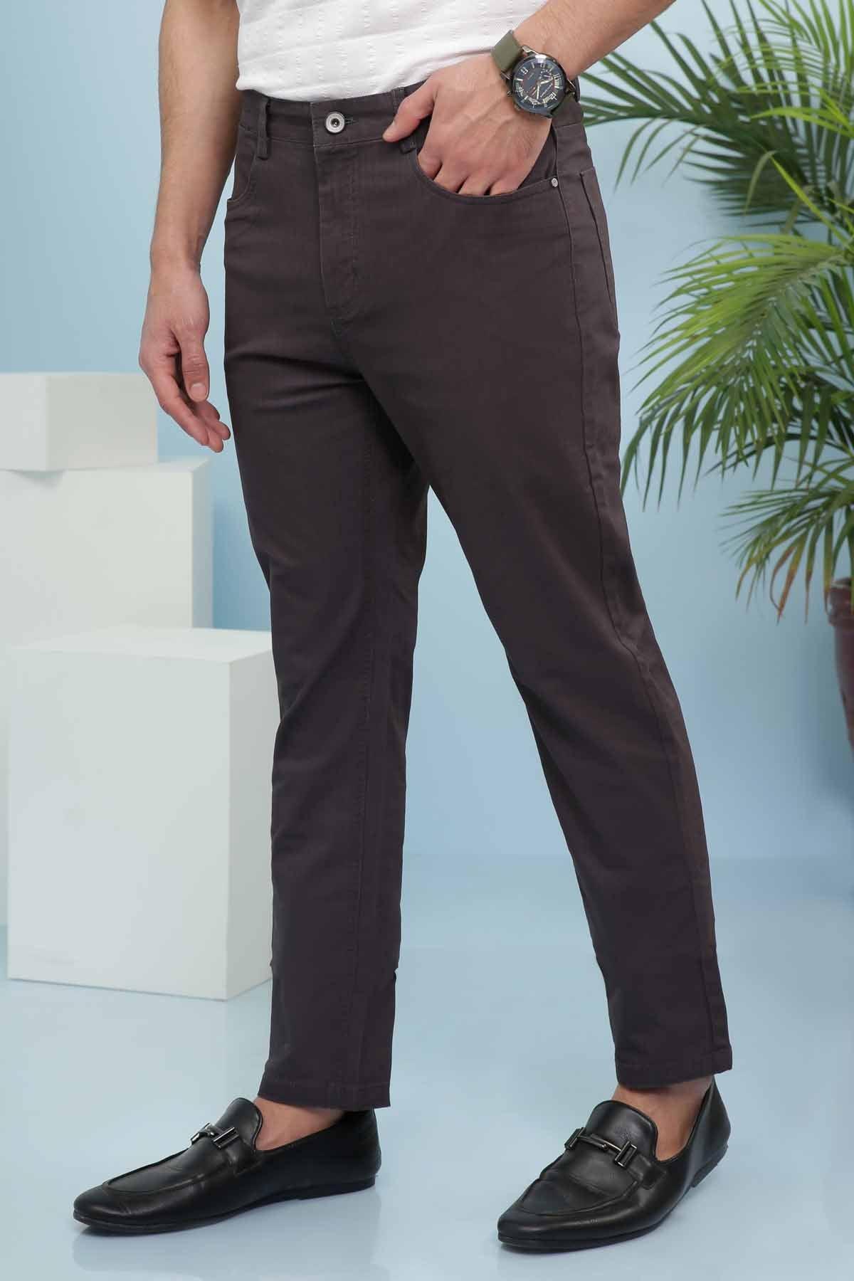 Dark grey 5-pocket casual pants, button closure, slim straight legs, side view.