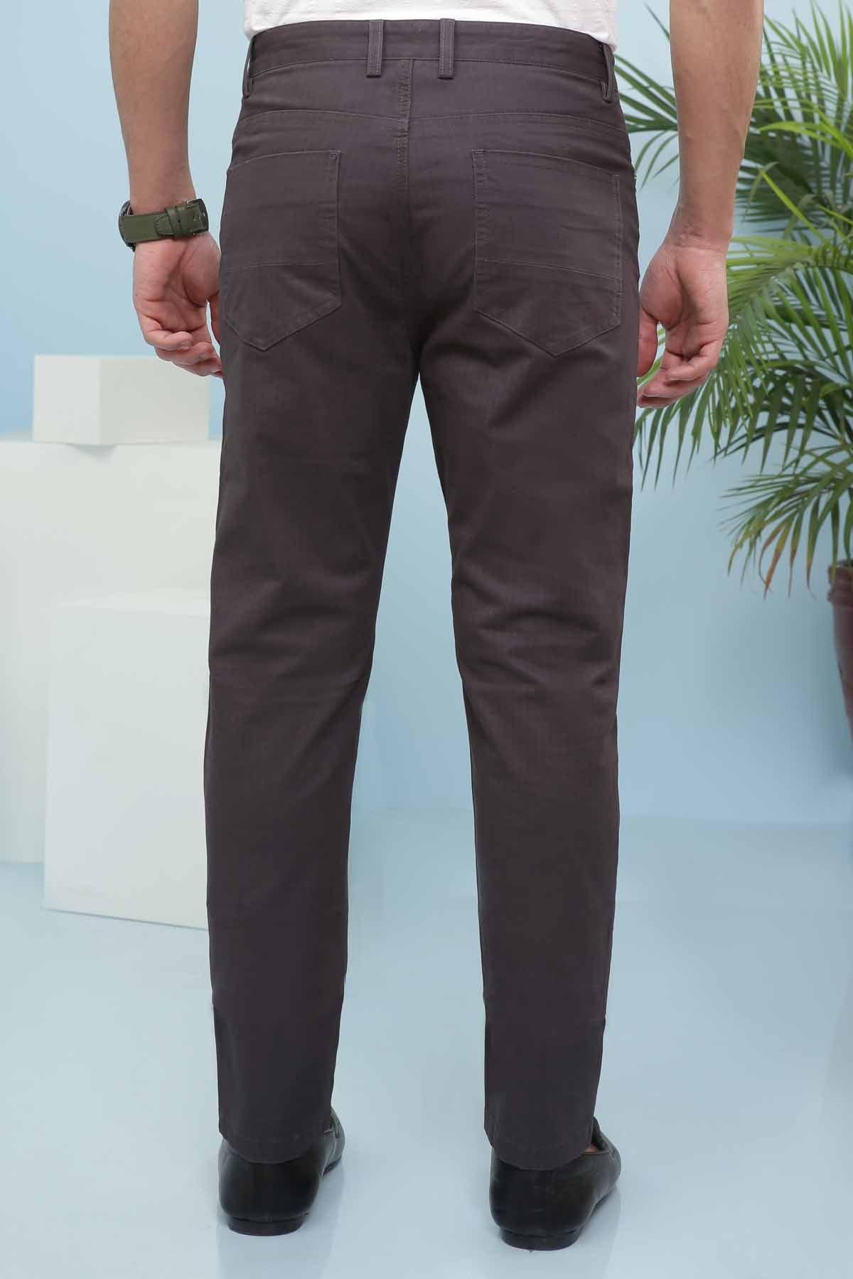 Dark grey 5-pocket casual pants with straight legs, front view.