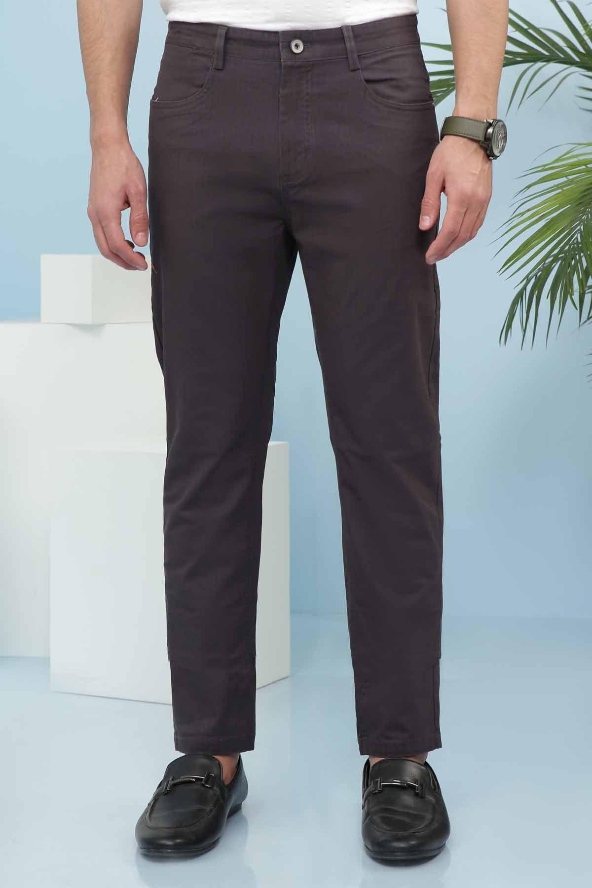 Dark grey 5-pocket casual pants with button closure, full length, front view.