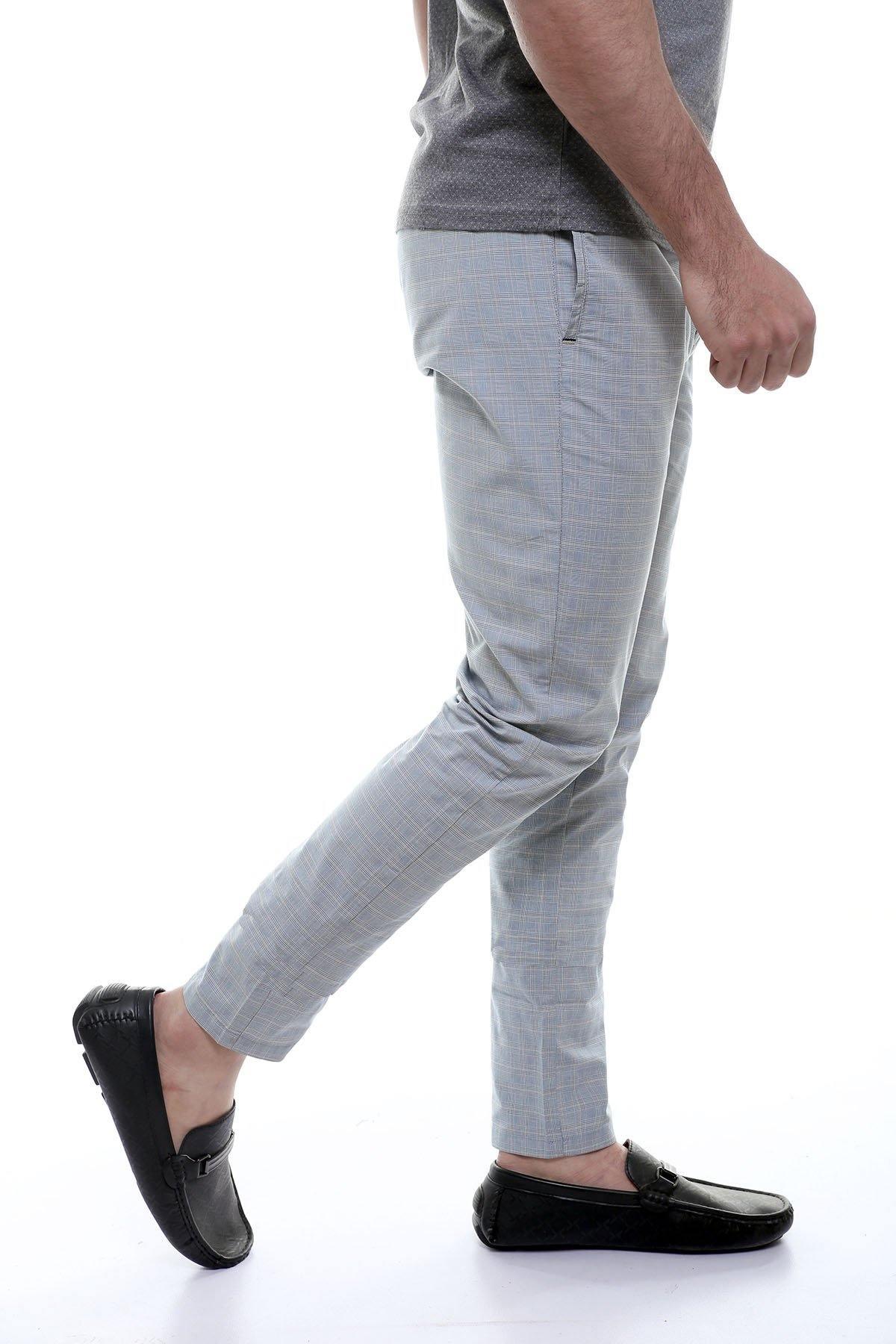 5-pocket casual pants in sky blue, side view with straight leg and ankle cuffs