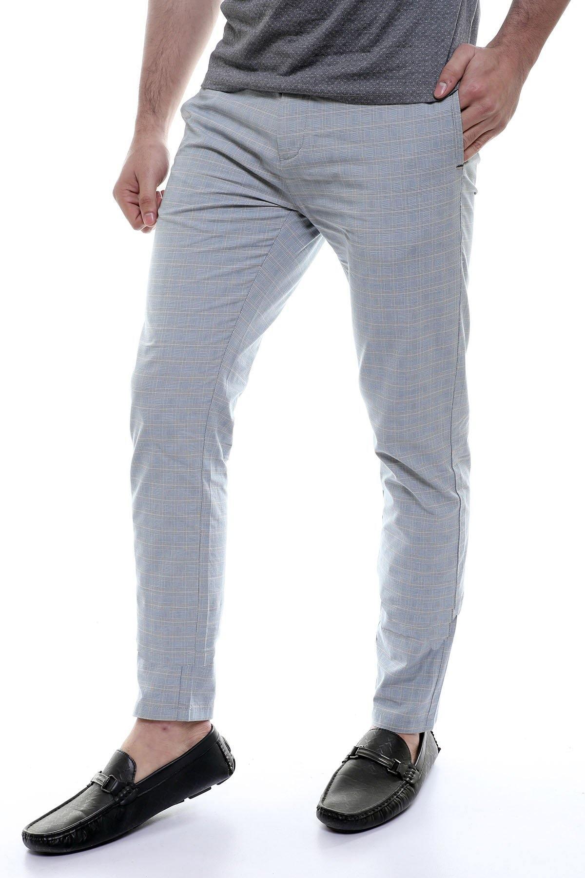 5-pocket casual pants in sky blue, front lower-body view with slim straight legs