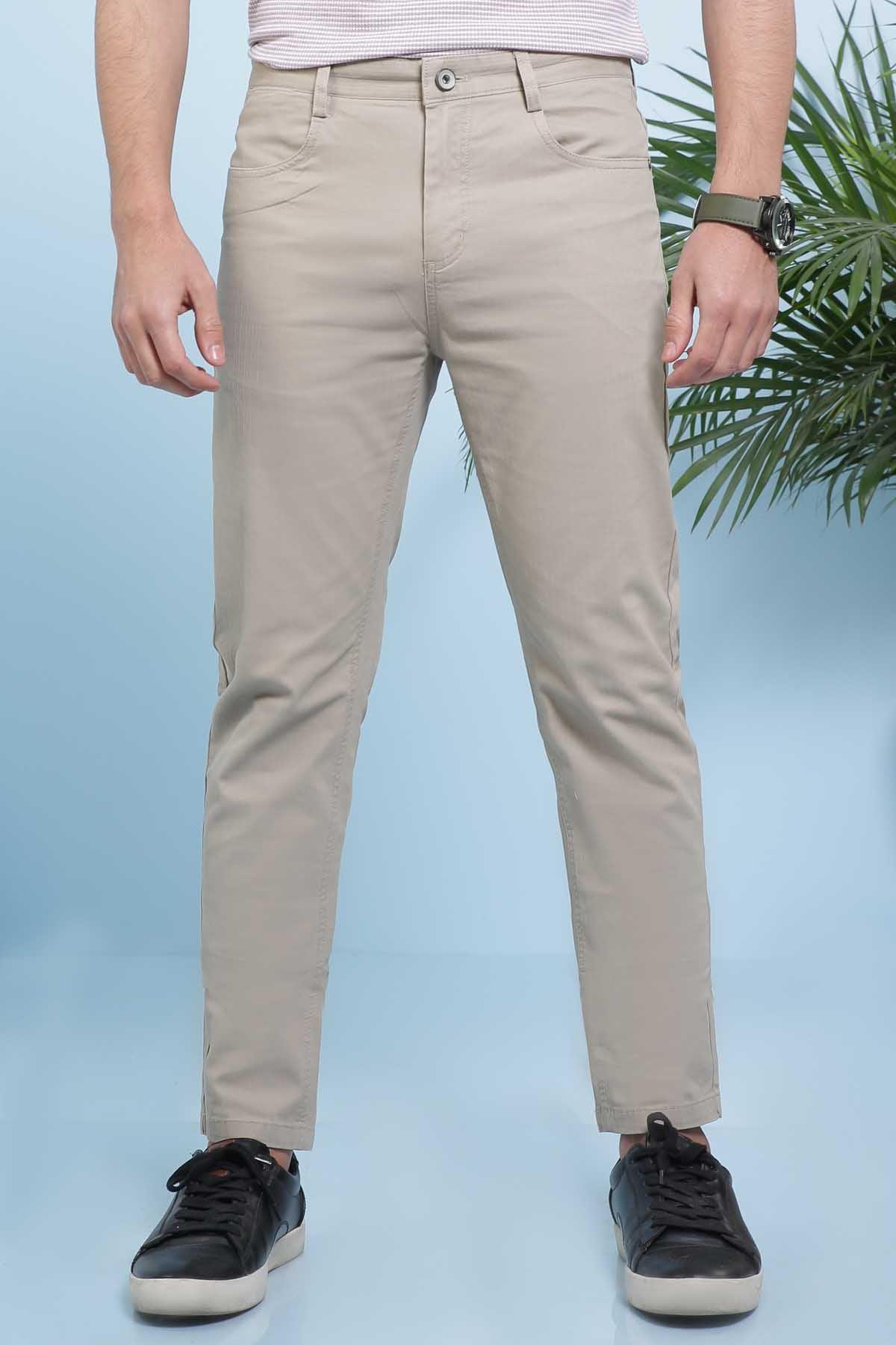 Light brown straight-leg 5-pocket casual pants with button and zip fly