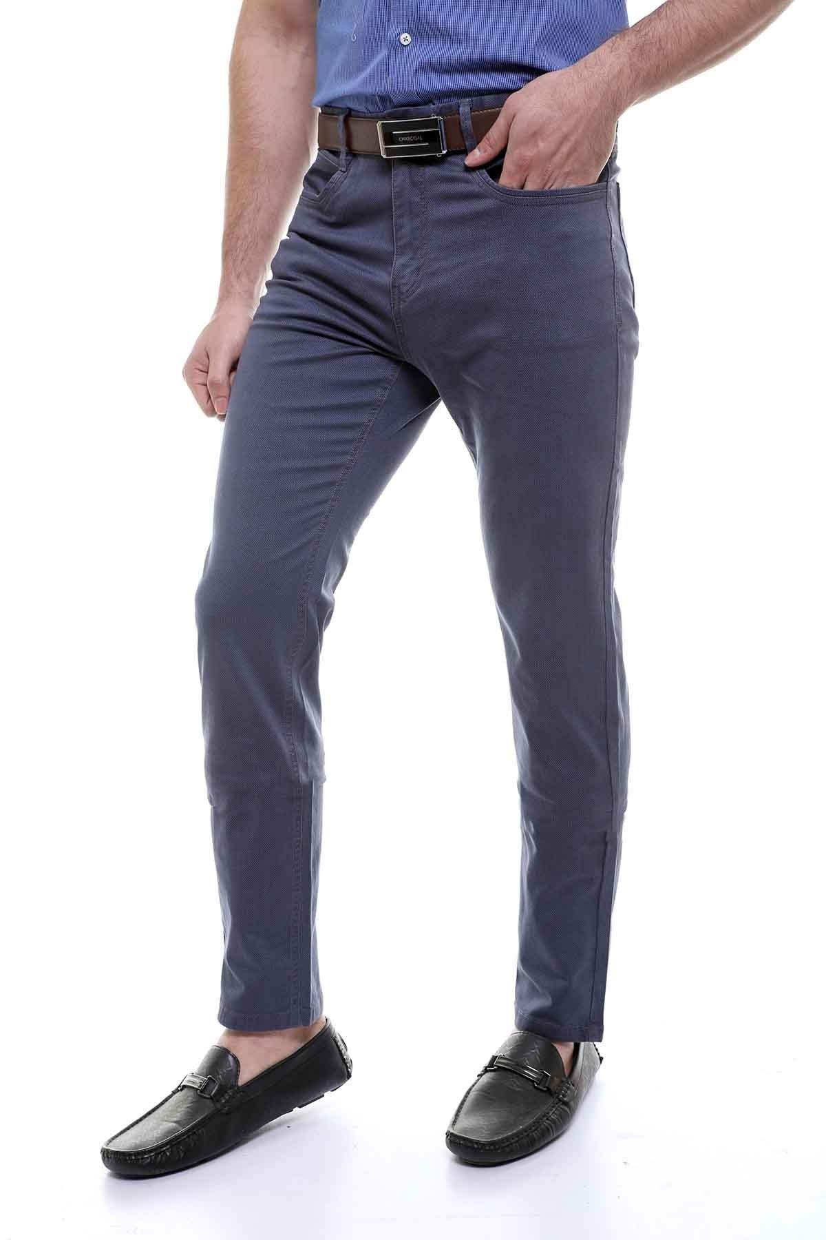 Light blue slim-fit casual pants with five pockets and belt loops