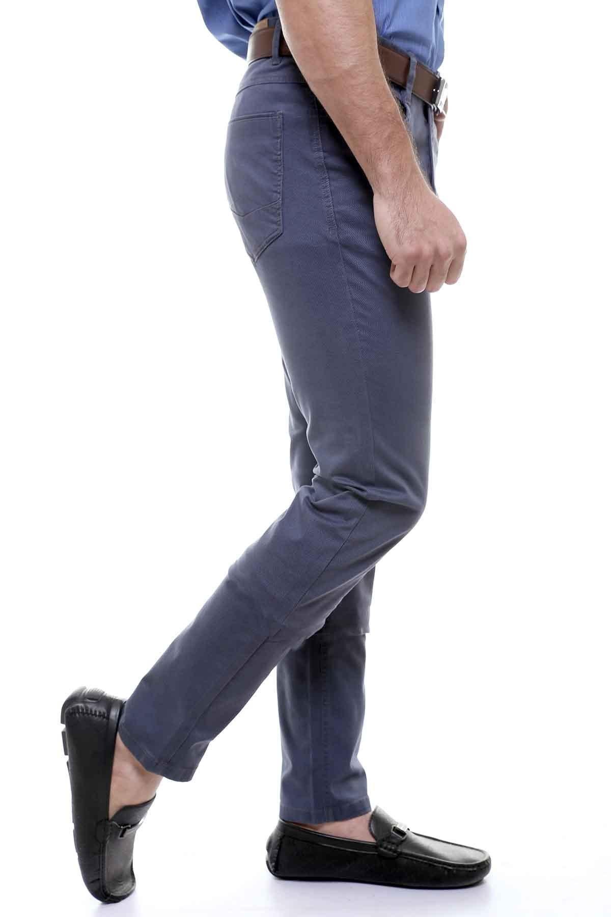 Light blue slim-fit casual pants with five pockets, shown near ankle