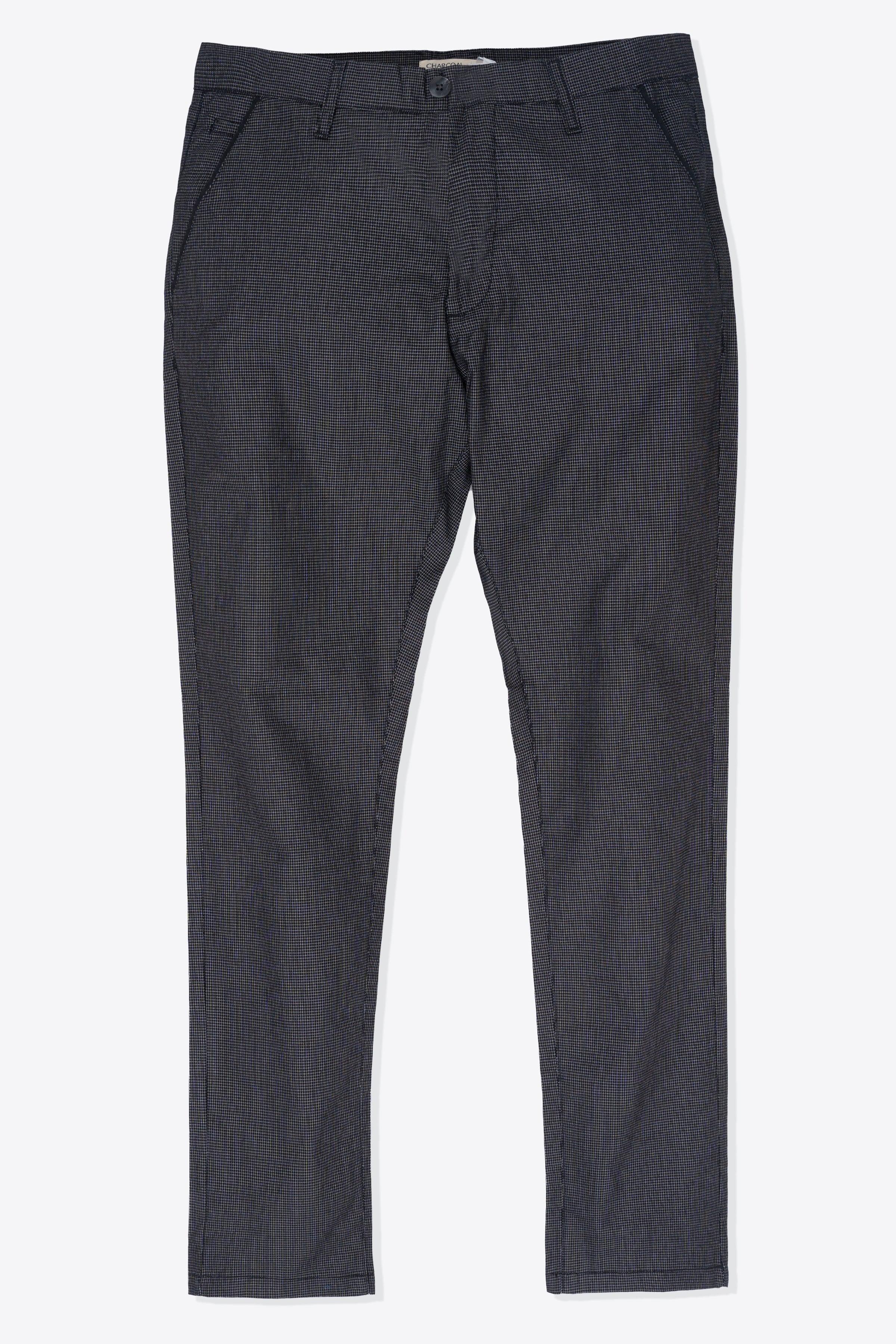 Black casual pants with belt loops and front pleat detail