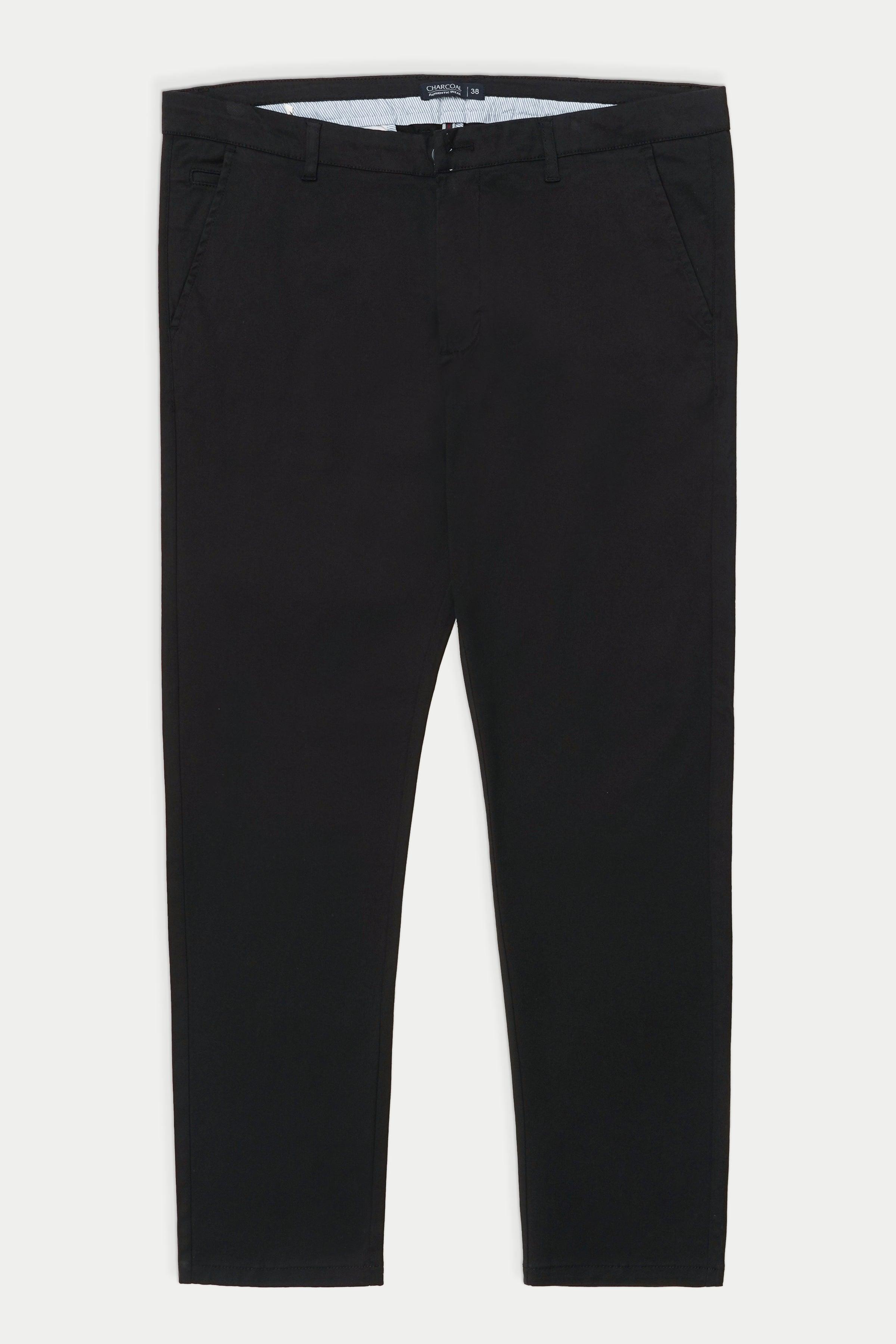 Black casual pants with belt loops and button closure