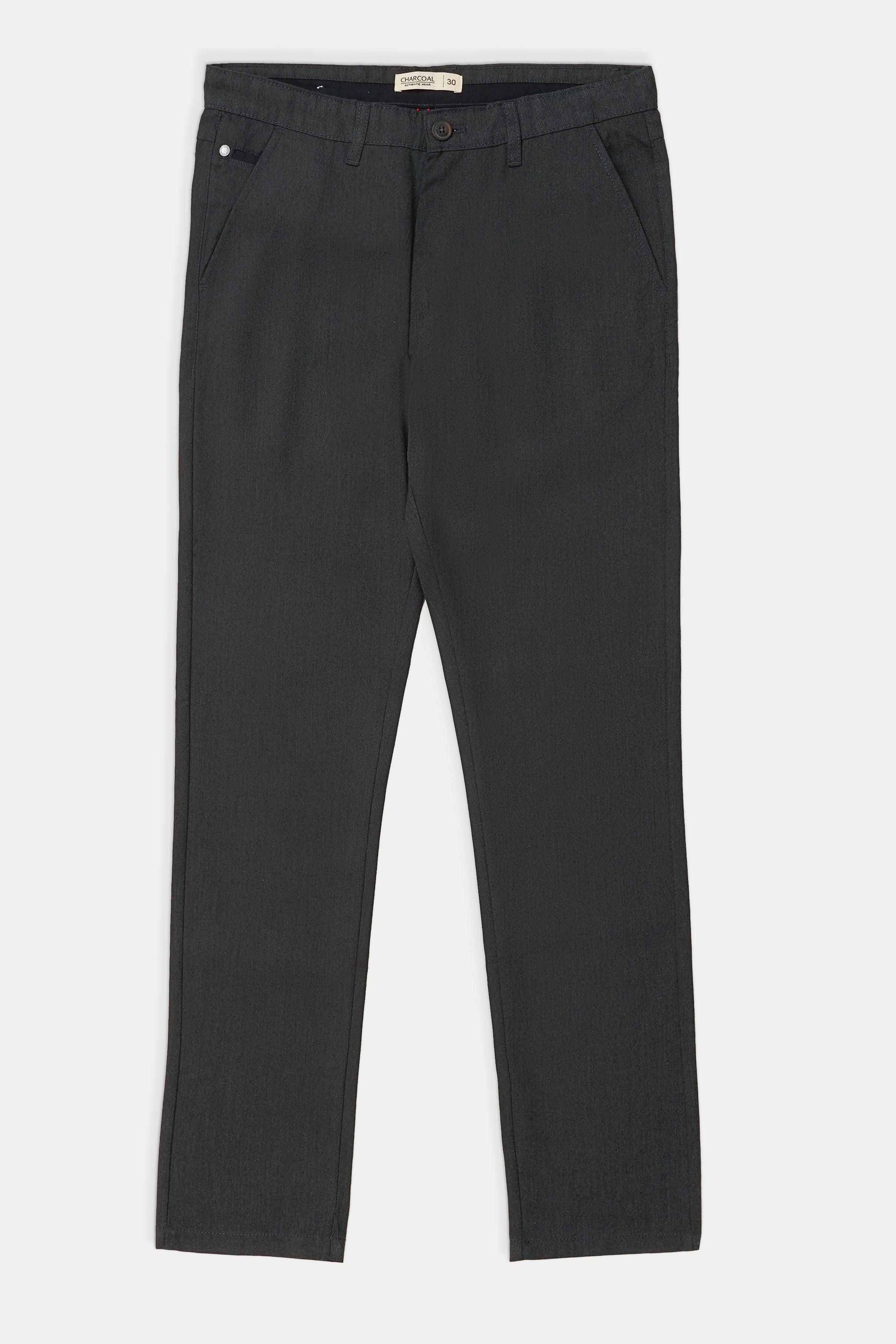 Charcoal casual pants with belt loops and straight-leg front