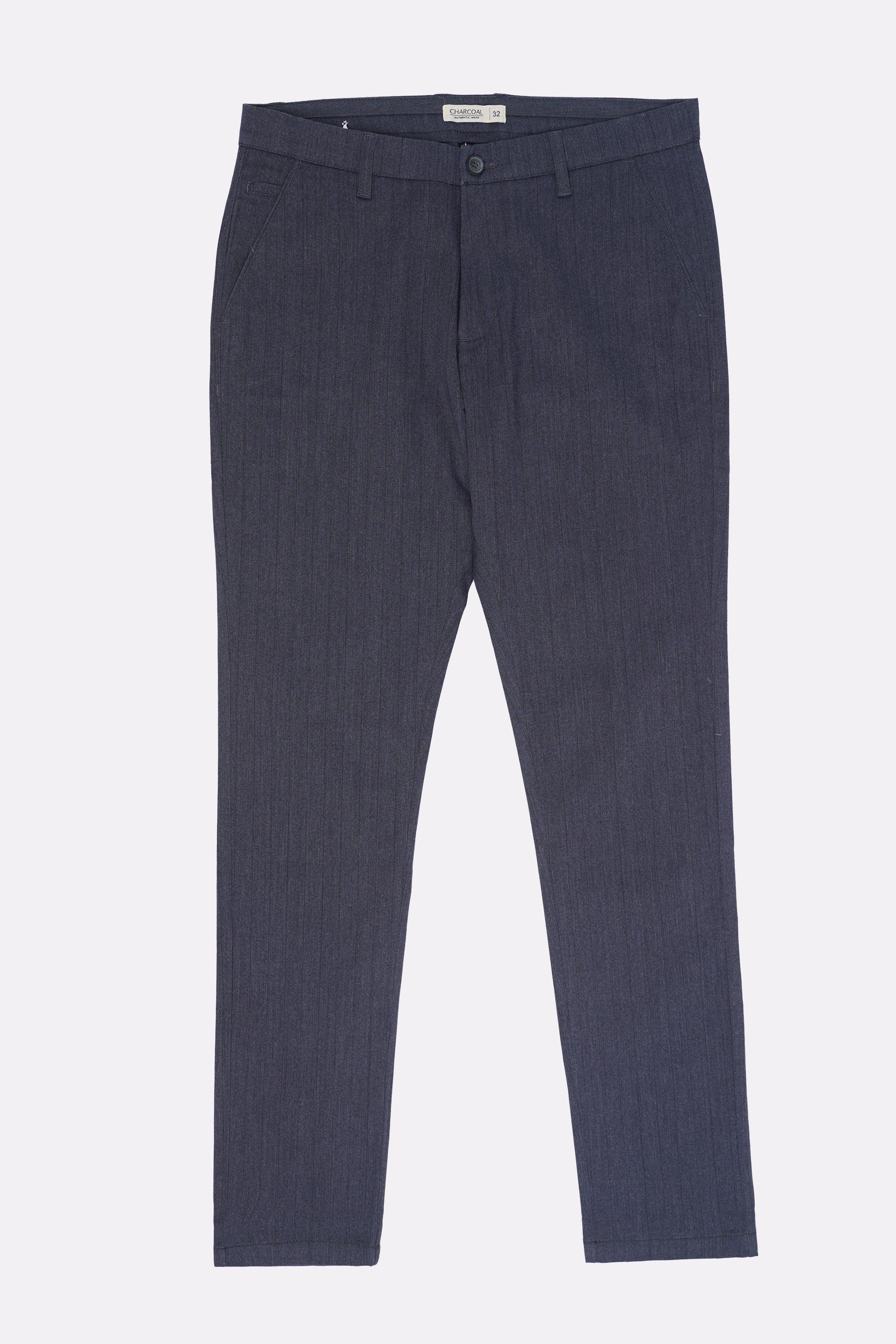 Charcoal casual pants with straight legs, belt loops, and button-front closure