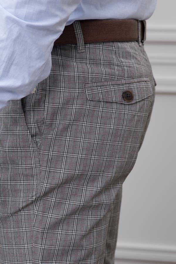 Grey plaid casual pants with front button pocket and waistband