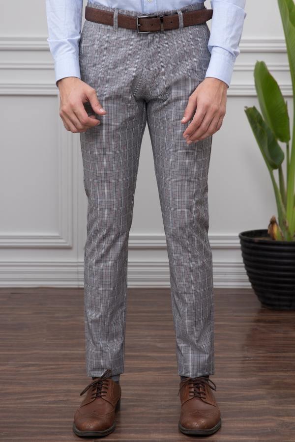 Grey plaid casual pants with belt loops and straight legs