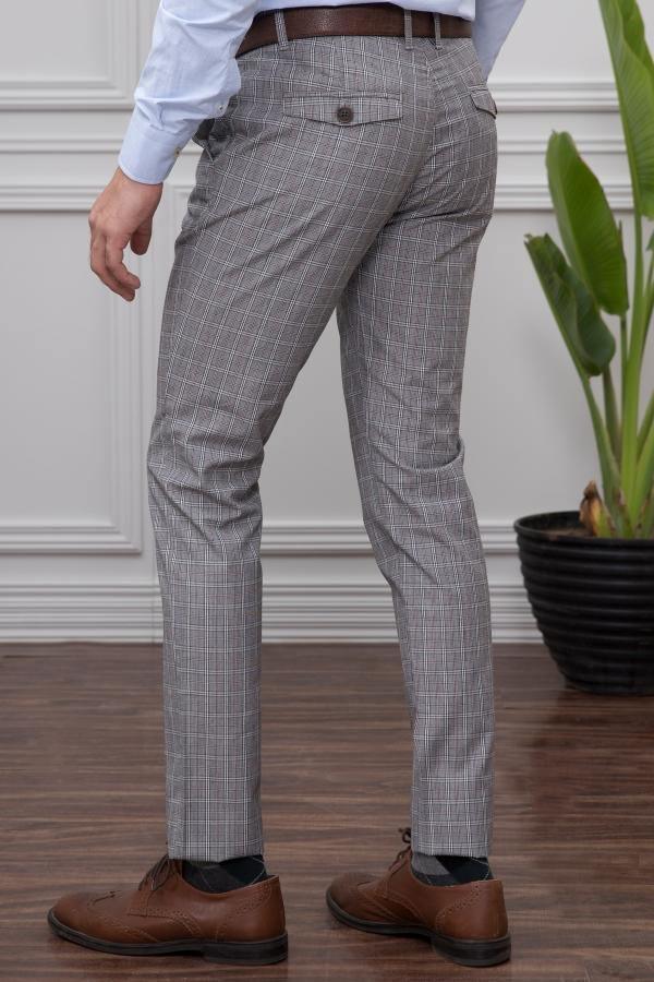 Grey plaid casual pants with front crease, button closure, and tapered leg