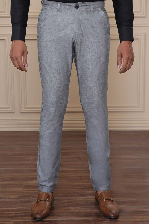 Men's casual pants, light blue-gray, front crease, cuffed hems, button fly