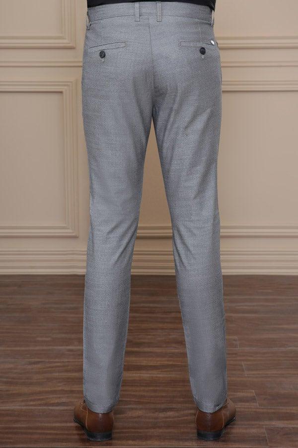 Men's casual pants, light blue-gray, back view with buttoned pockets, straight leg