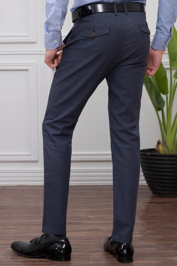Bluish grey casual trousers, buttoned back pocket detail and straight fit
