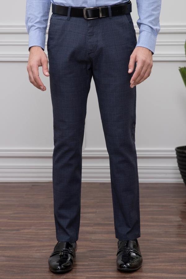 Bluish grey casual trousers with cross pockets and dark belt, straight leg