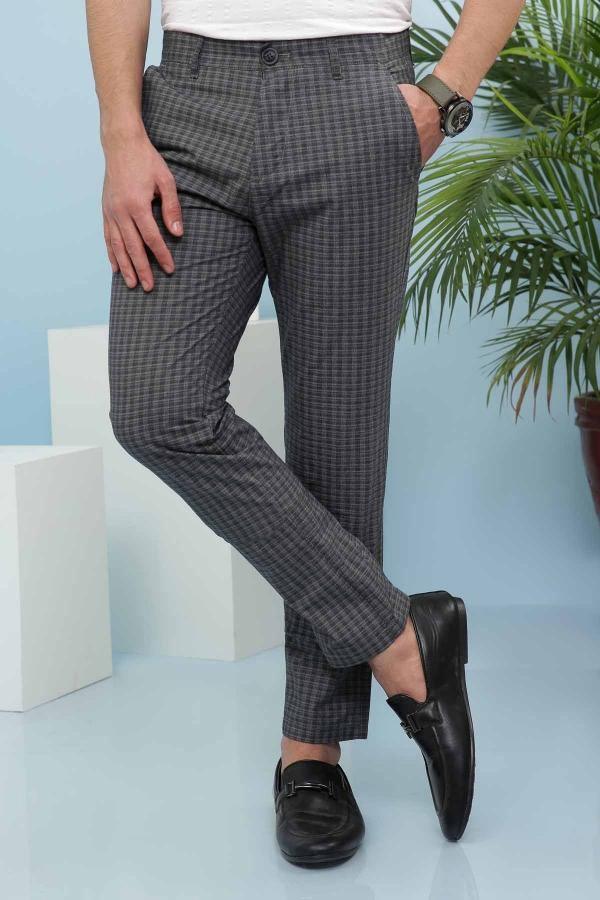 Slim-fit casual check pants with front angled pockets and cuffed hem, dark gray