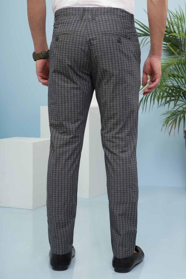 Slim-fit check pants with button front, belt loops, and front pockets, dark gray