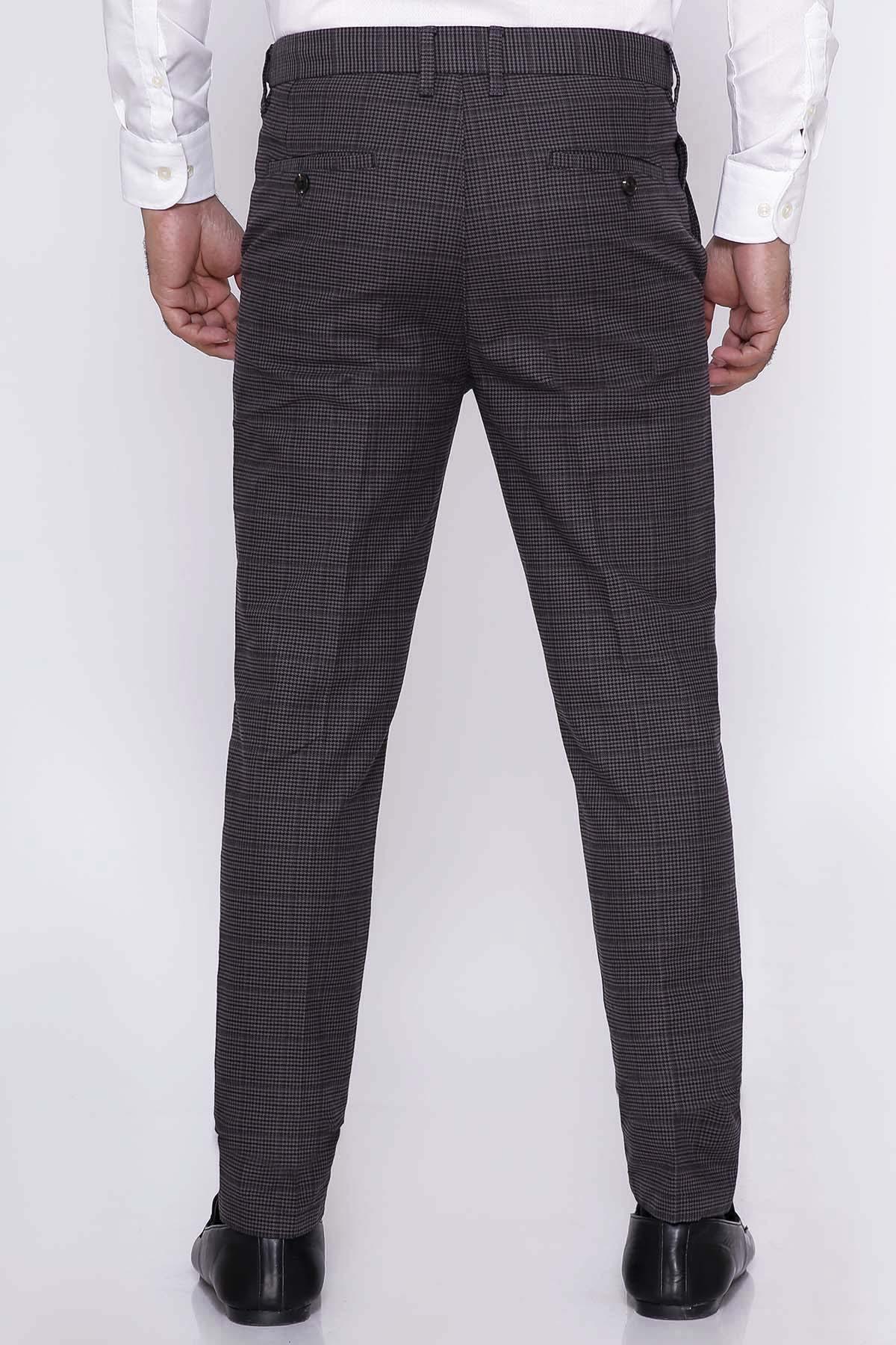 Dark check casual pants with belt loops and buttoned front, straight legs