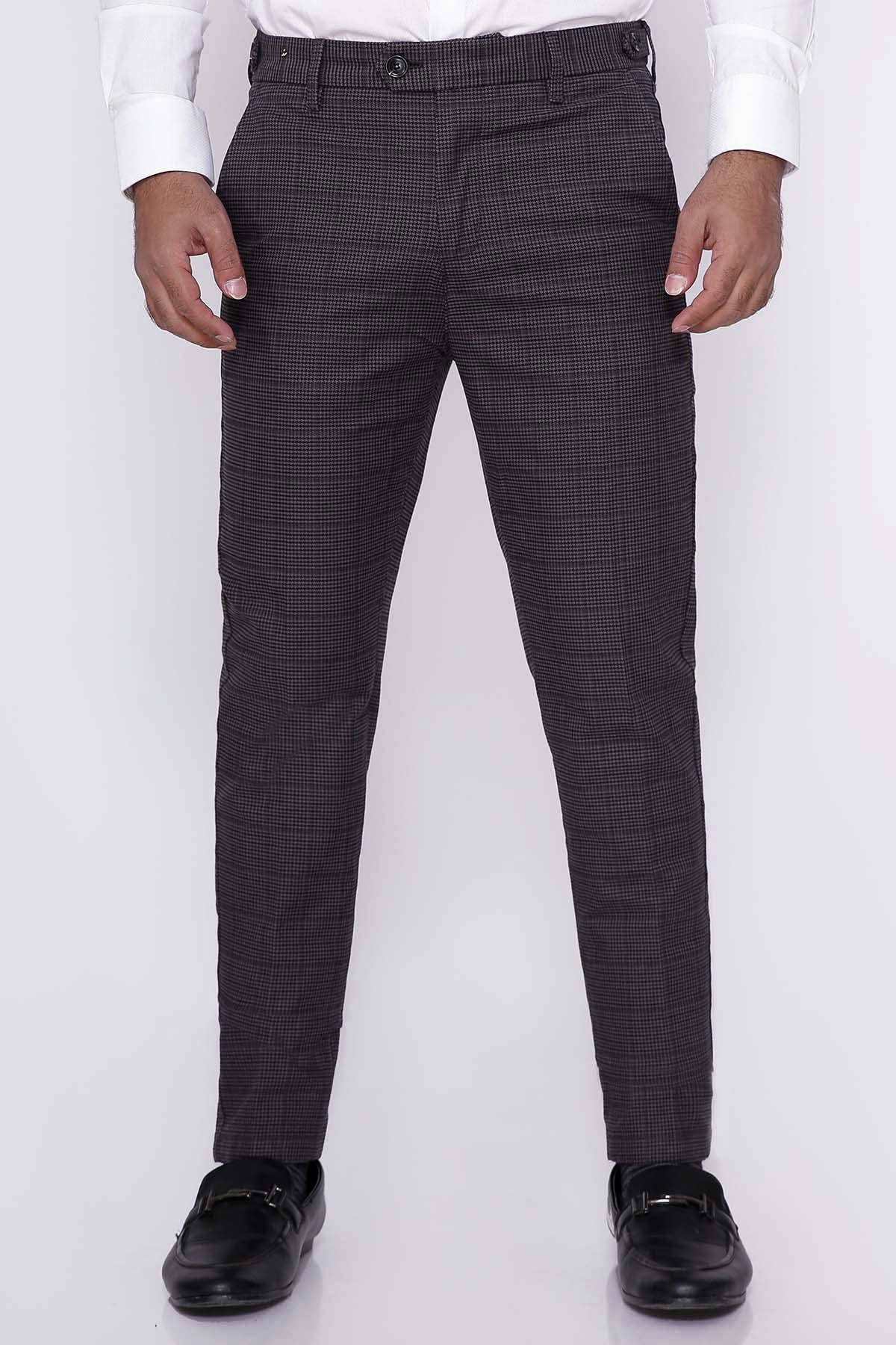 Dark check casual pants with belt loops, button closure, and front pockets