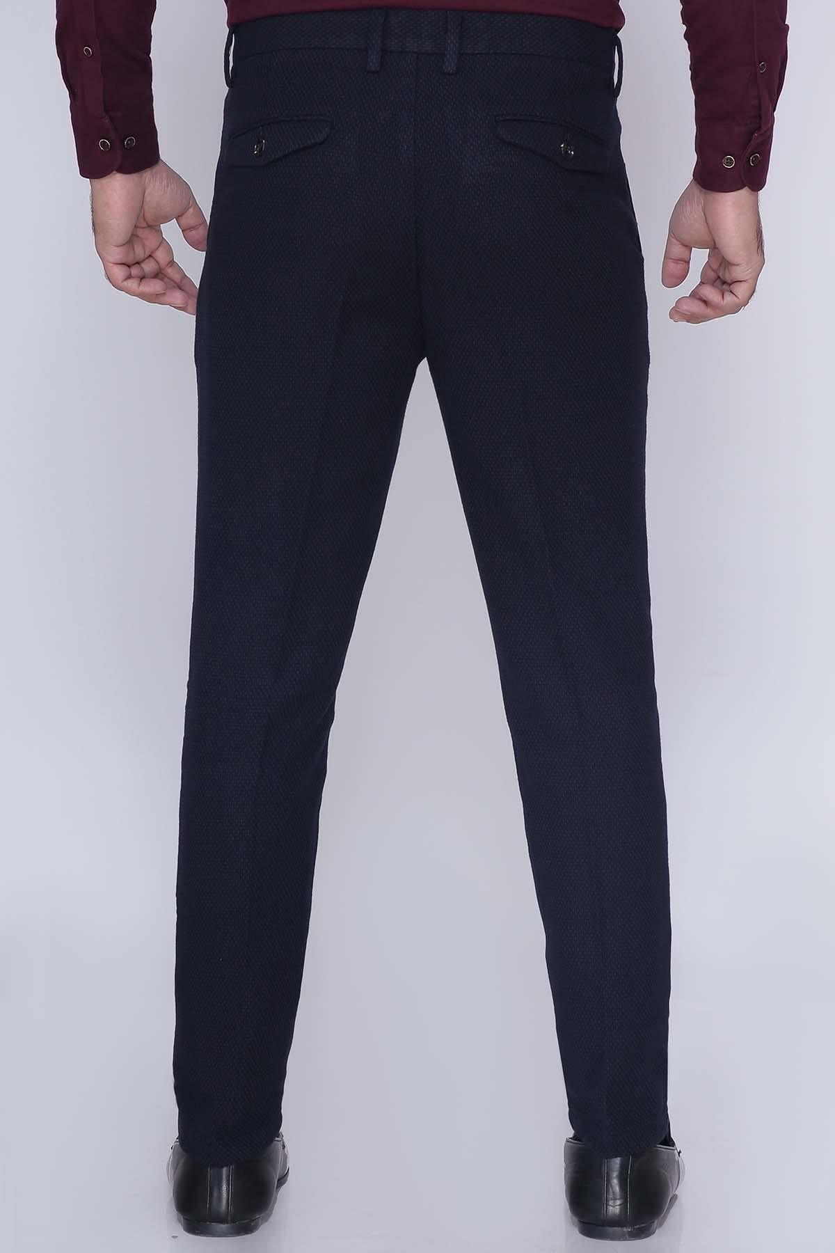 Navy slim casual trousers with back welt pockets and belt loops