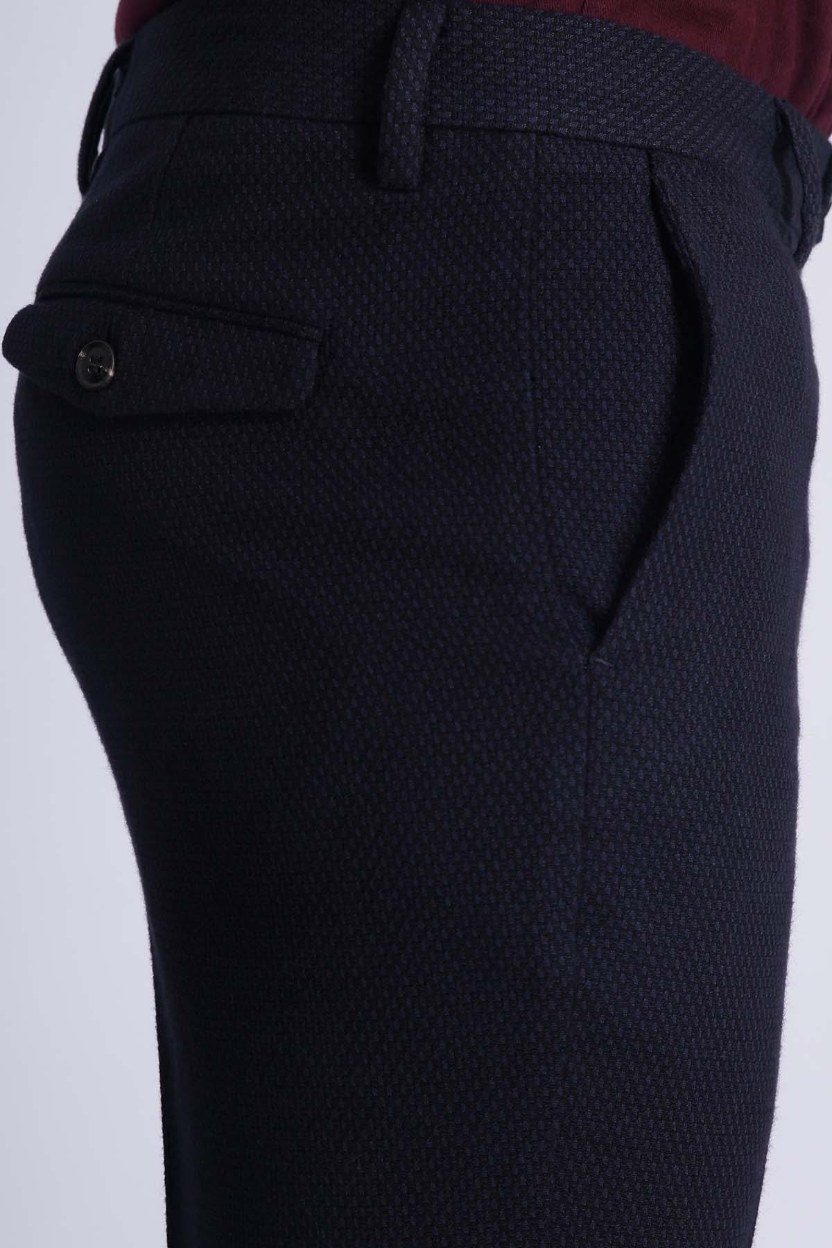 Navy textured casual trousers with front coin pocket and belt loops