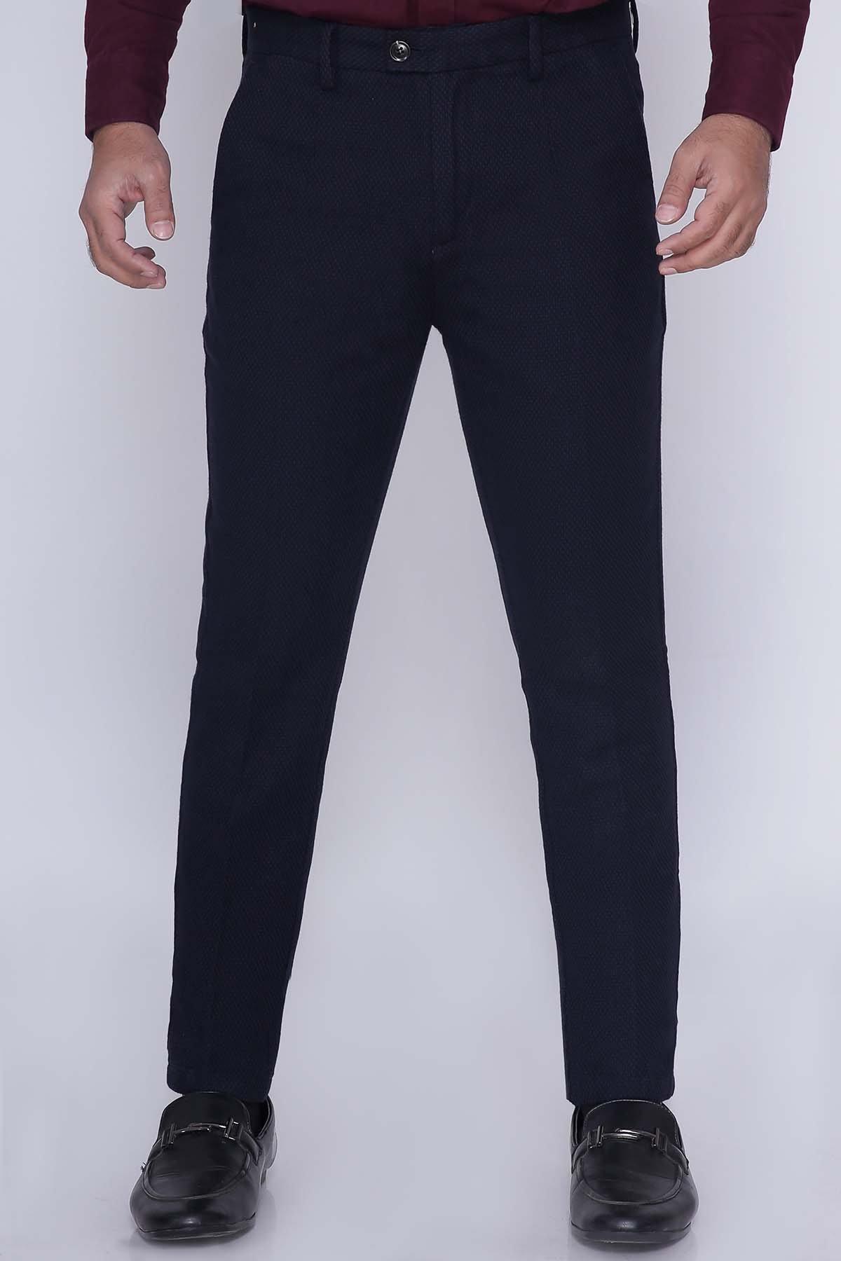 Navy slim casual trousers with side cross pockets and belt loops