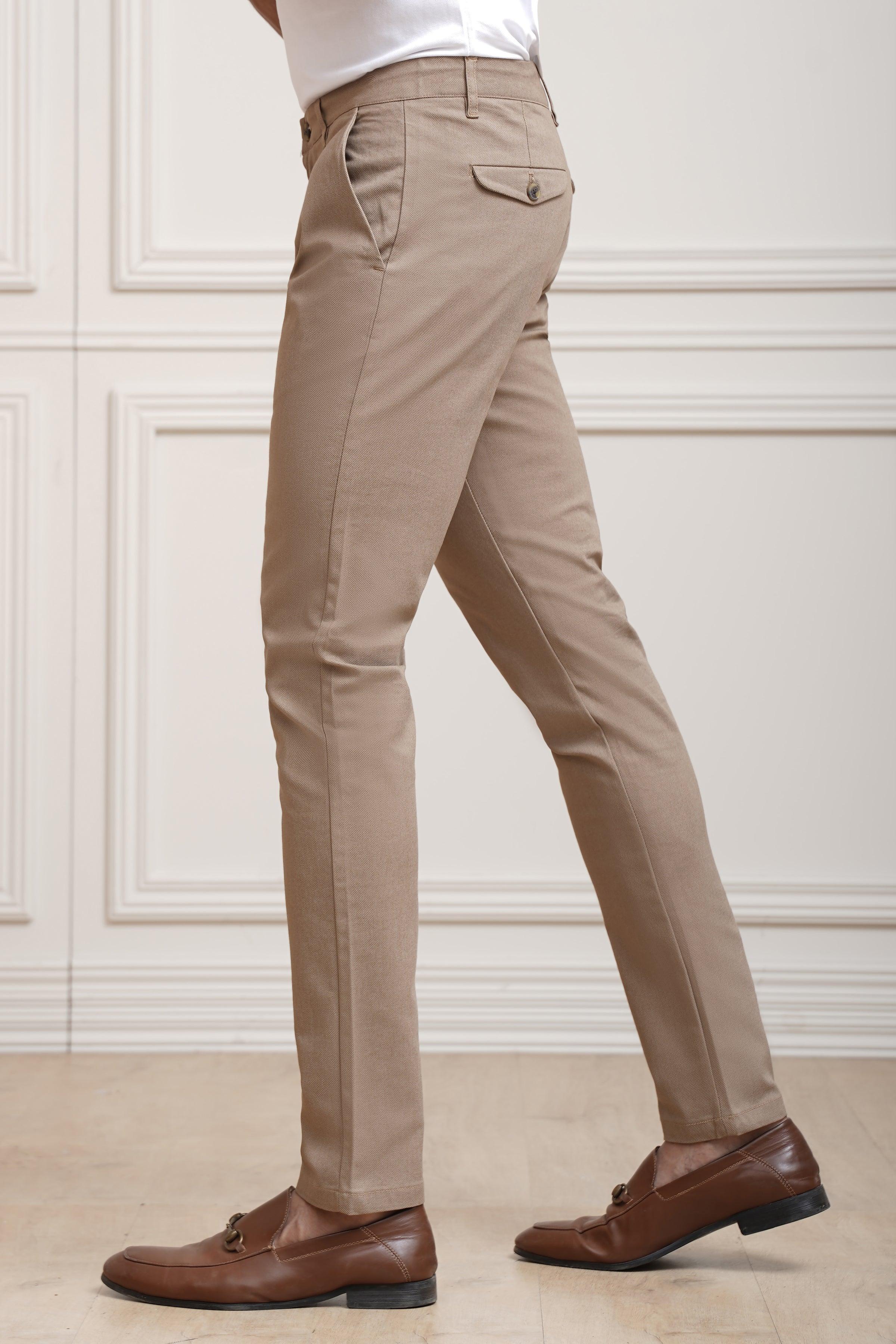 Khaki casual cross-pocket pants with front button and belt loops