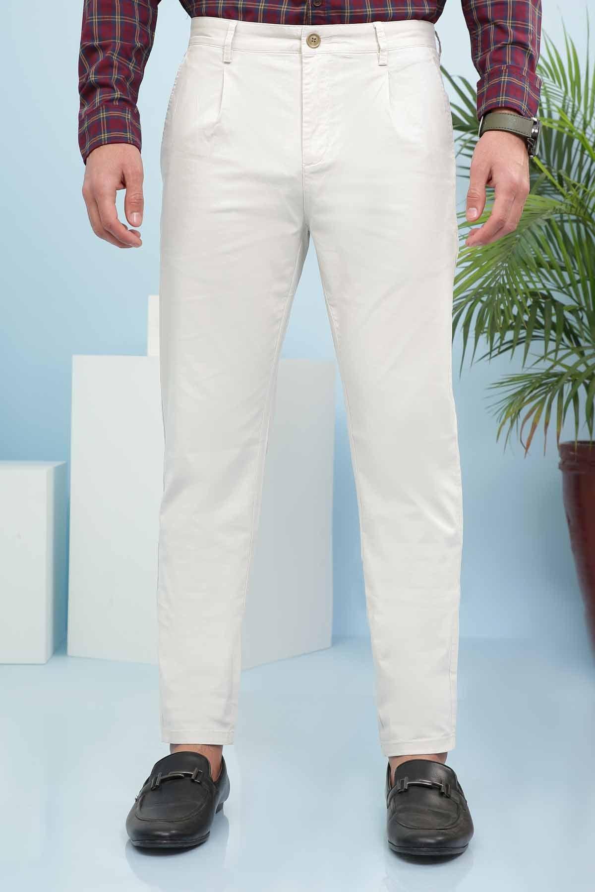 Casual light beige pants with belt loops and straight-leg fit
