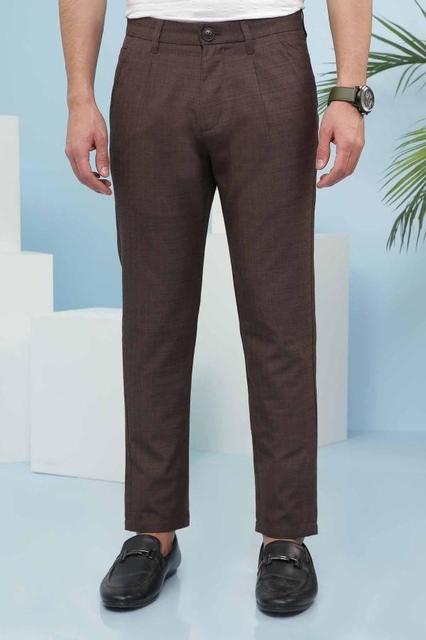 Brown slim-fit casual pants, cross pocket, button front, straight leg.