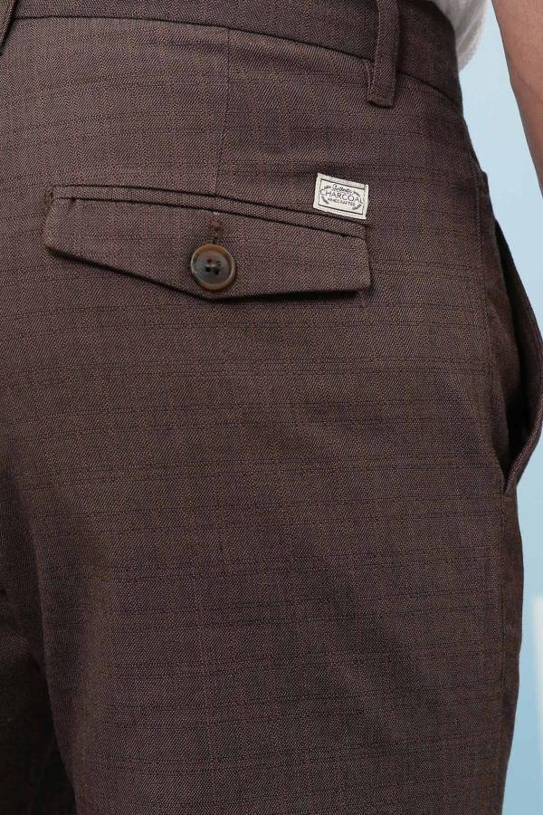 Brown pant pocket close-up with button and cross-patch detail.