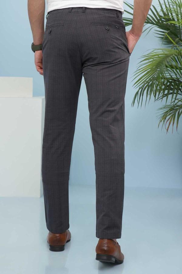 Slim-fit casual pants in dark gray, back view with straight legs and belt loops