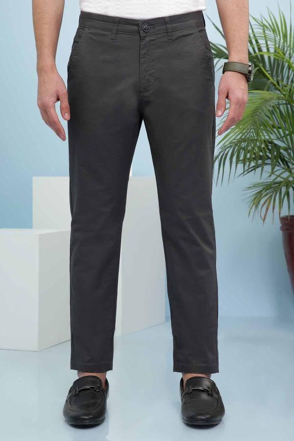 Slim-fit dark grey casual pants with cross pocket stitching and belt loops