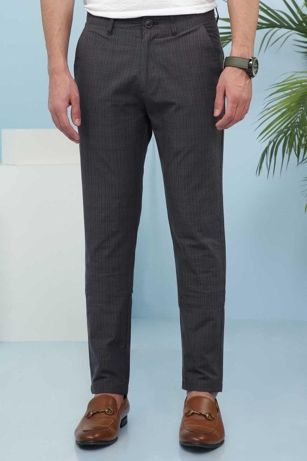 Slim-fit casual pants in dark gray, front cross pockets and button waist