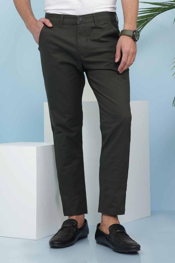 Slim-fit casual pants in dark green, front slant pockets and zip fly, ankle length