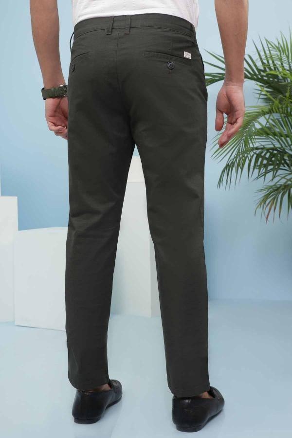 Slim-fit casual pants in dark green with button closure, back waistband and crease