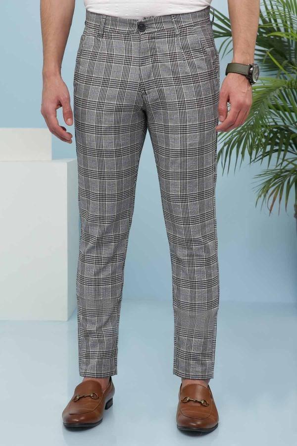 Slim-fit check plaid casual pants, cross pockets, grey-black pattern, belt loops