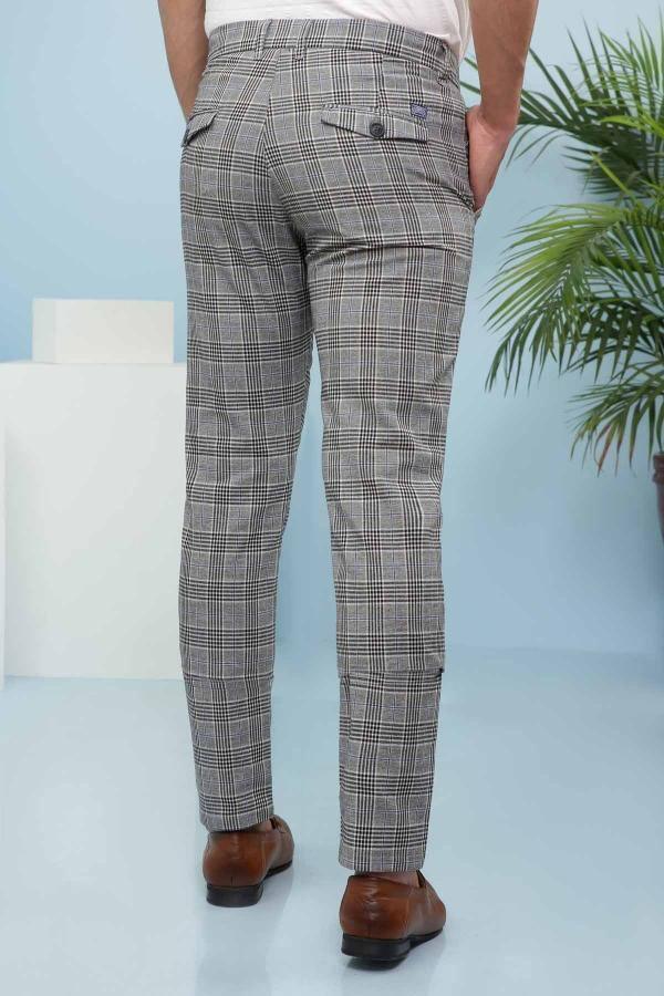 Slim-fit check plaid pants with back pockets, grey-black pattern, cuffed ankle