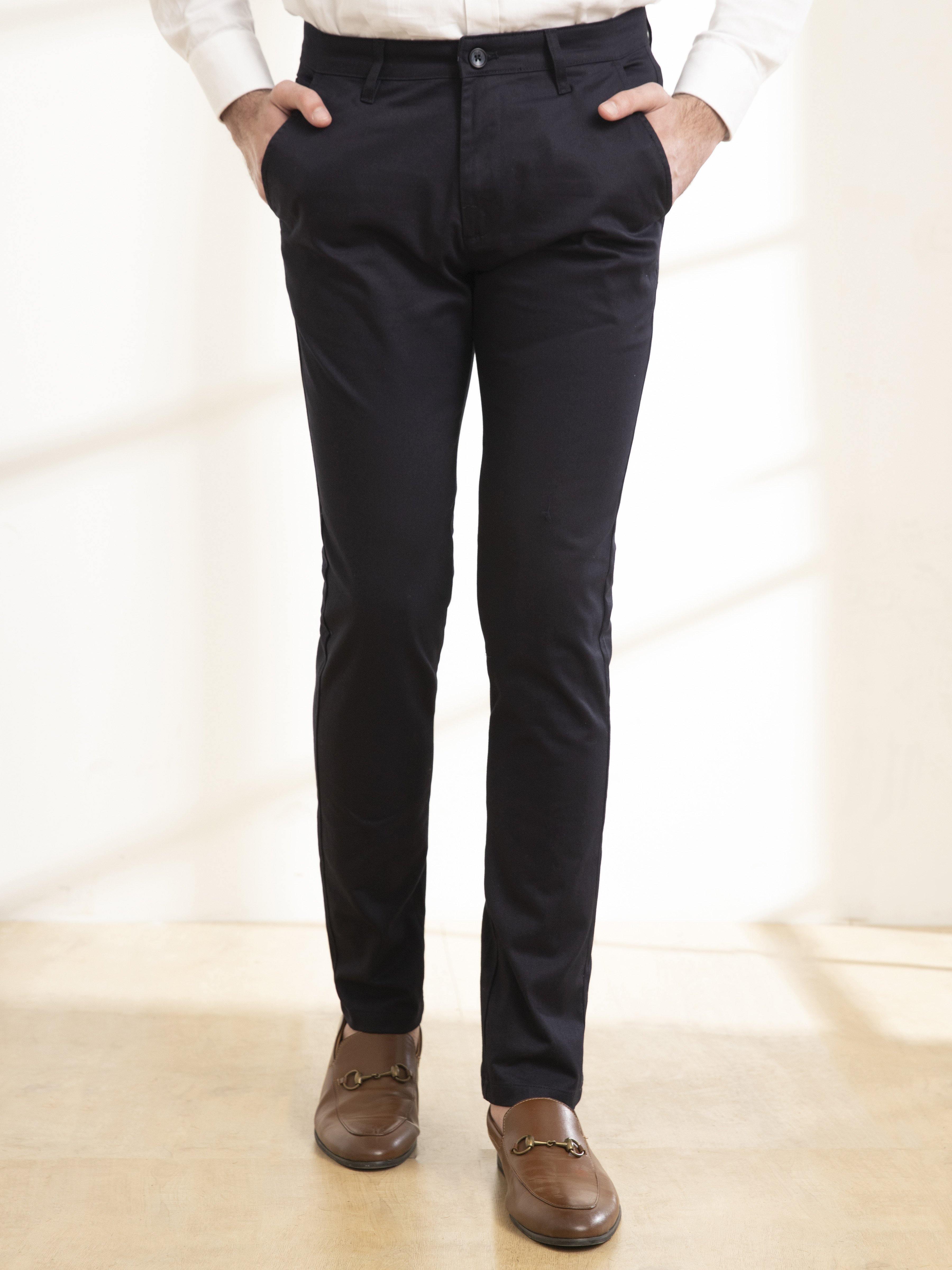 Navy slim-fit casual pants, front button closure, belt loops, and angled pockets