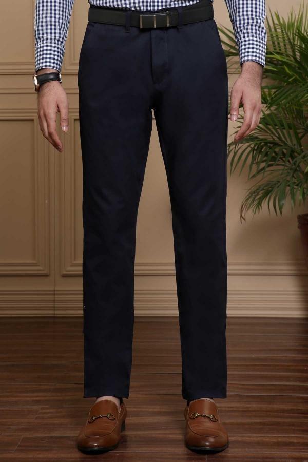 Navy slim-fit casual pants with front cross pocket and belt loops