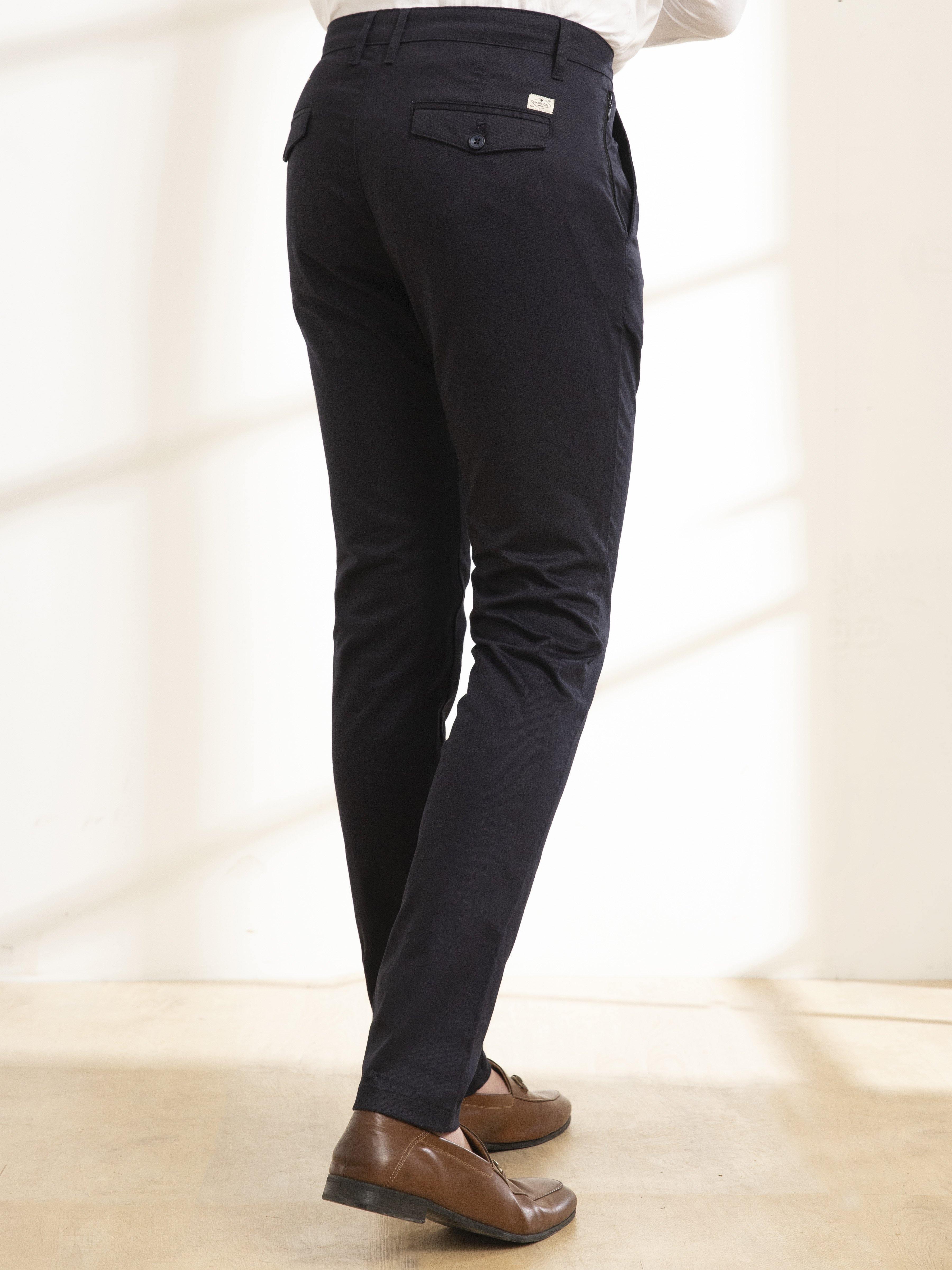 Navy slim-fit casual pants, rear view with back yoke and patch back pocket