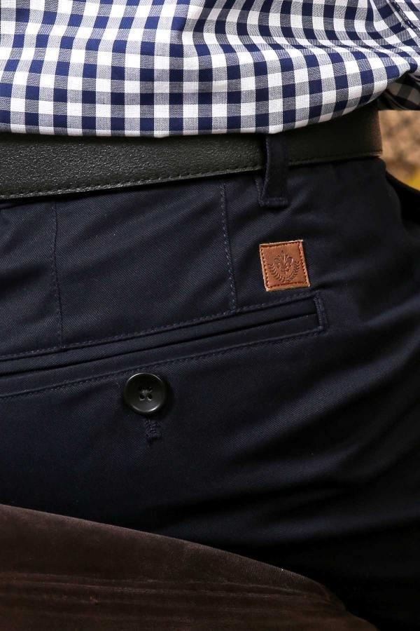 Navy casual pants front button and cross pocket with leather logo patch