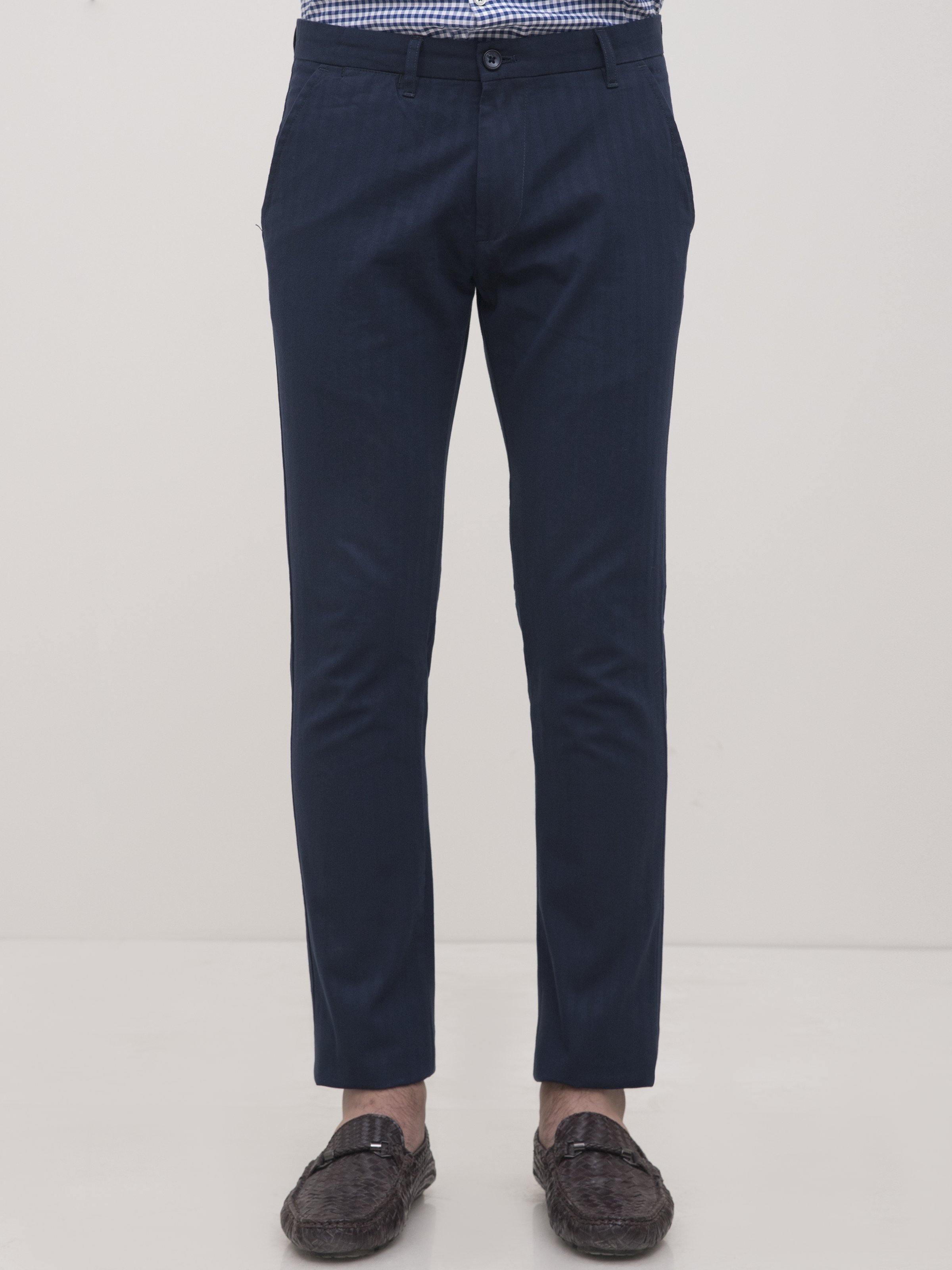 Navy slim-fit casual pants with button closure and straight tapered legs